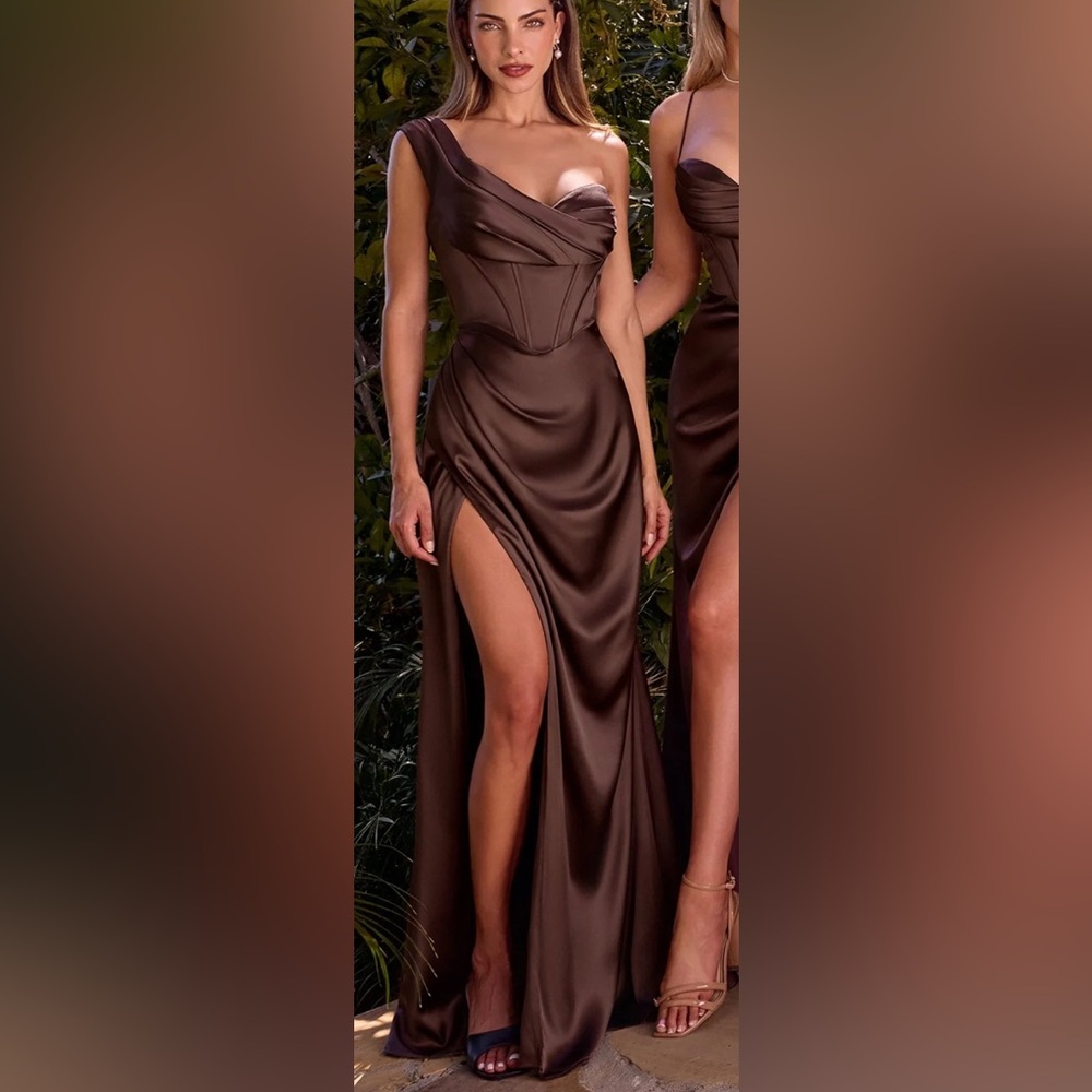 Satin High-Slit Maxi Skirt in Chocolate Brown